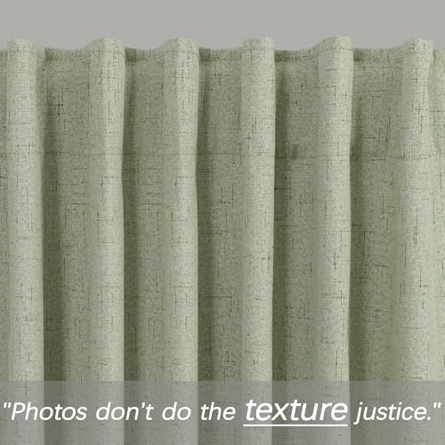 Image of Sage Green Linen Blackout Curtains for Bedroom 84 Inch Long Black Out Pleated Thermal Darkening Light Blocking Boho Farmhouse Cottage Core Soundproof Sound Proof Curtains for Office Window Living Room