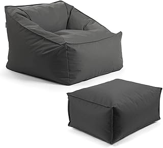 mokebo® Gartensessel mit Pouf 'Der Sunnyboy', Bean Bag mit Hocker und Füllung oder Outdoor Sitzsack, Gartenliege, als Liegekissen, Relaxliege oder Liege in Anthrazit