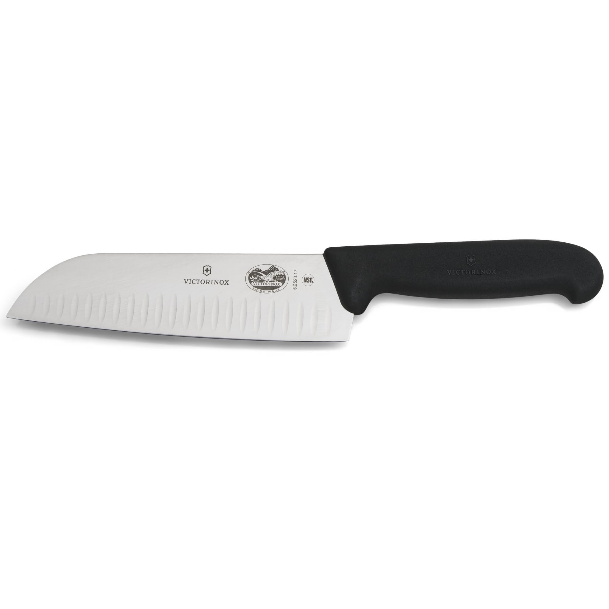 Victorinox Fibrox Santokumesser mit Kullenschliff, Japanisches Küchenmesser für Fleisch, Fisch und Gemüse, 17 cm, Scharf, HACCP geeignet, Schwarz