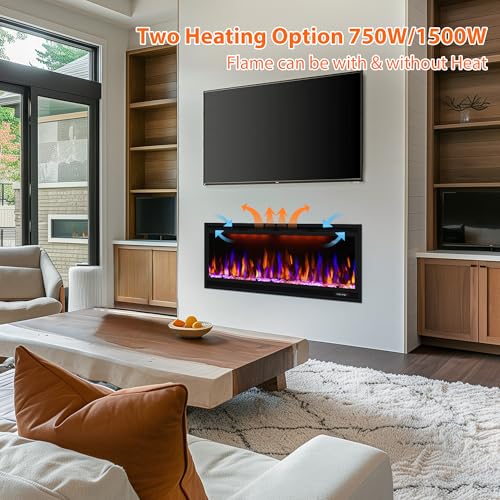 Oxhark Flame Elektrischer Kamin, schmaler Einbaukamin mit Fernbedienung, mehrfarbige Flammeneffekte mit realistischen Holzscheiten, Thermostat mit Timer, 750/1500 W, Schwarz