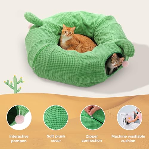Image of PEQULTI Cat Tunnel with Bed for Indoor Cats, Cat Play Donut Tunnel with Washable Soft Plush Flower Mat, Round Tube Toys Cute Tube for Kittens, Puppies, Rabbits and Ferrets, Green&Pink