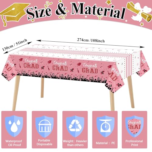 Image of chiazllta Set of 3 Graduation Tablecloths Class of 2026 Congrats Grad Pink Graduation Party Tablecover Decorations Party Supplies Large Size Plastic 54 inchx108 inch(Pink & Gold)