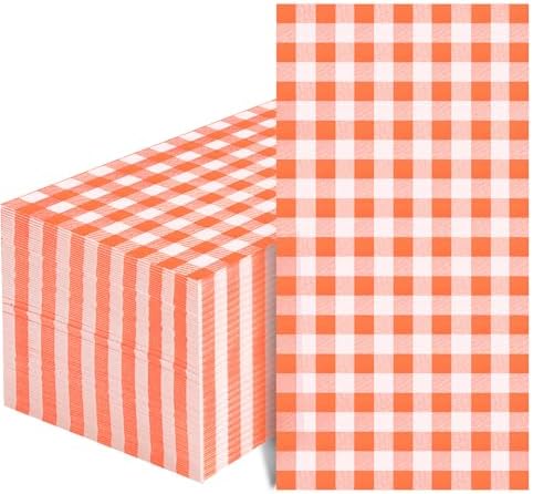 Orange Gingham Napkins - 20 Pack Disposable 5x5 Inch Fall Halloween Thanksgiving Party Supplies