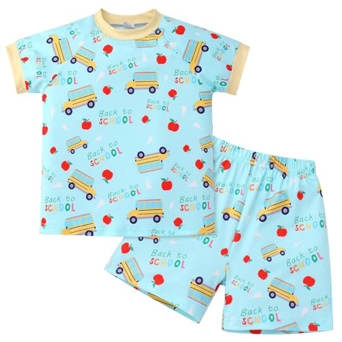 Image of IMEKIS Toddler Kids Back to School Outfit for Boys Girls Apple Pencils Print Dresses Shirt with Shorts Sets 3-8T