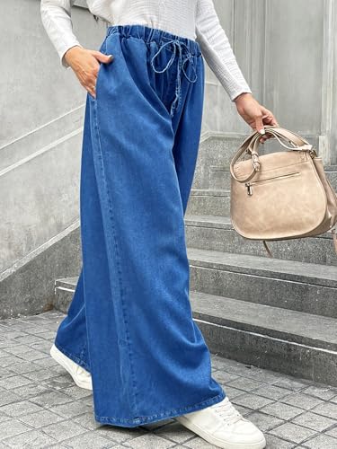 Baggy Wide Leg Jeans for Women Plus Size Loose Elastic Waist Long Denim Pants with Pockets Casual Drawstring3