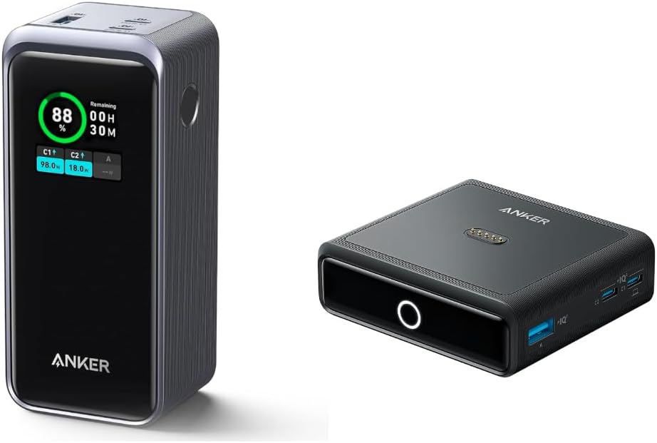 Anker 100W 4-Port Charging Base for Anker Prime Power Bank, 20,000mAh Portable Charger with 200W Output, Smart Digital Display, 2 USB-C and 1 USB-A Port