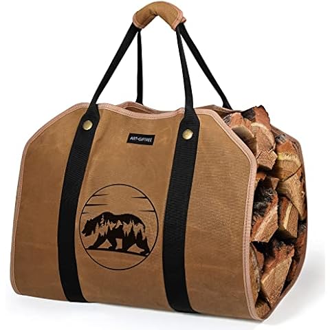 Waxed Canvas Firewood Carrier, Heavy Duty Firewood Log Carrier, Classic, Durable Design with 2 Handles Felt Basket with Reinforced Handles for Firewood Brown Heavy Wood Holder for Fireplace Cover