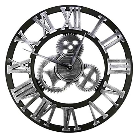 HZDHCLH Wall Clocks 12 Inch Silent Roman Retro Gear Wood Clock for Bar Cafe Home (Silver-Roman) Cover