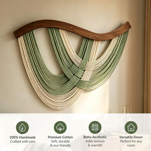 Image of HASTHIP Macrame Wall Hanging Green Dip Dyed Cotton Rope Tapestry Boho Wall Art Decor for Bedroom Living Room Nursery