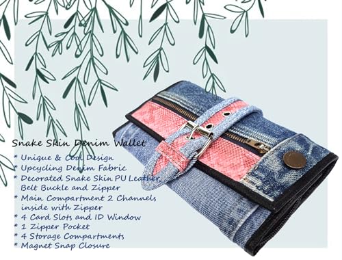 Upcycling Bifold Denim Wallet Decorated Snake skin PU leather Zipper and Buckle Accents Long Wallet Clutch Purse for Women (Pink)2