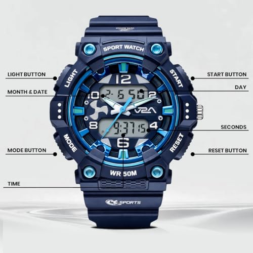 Image of V2A Nova Pro 43mm Analog Digital Sports Watch for Boys (8-14 Years) | Bolt Guard Sport Design | Alarm Stopwatch Backlight Day Date | TPU Strap | 50M Water Resistant| Gift for Boy