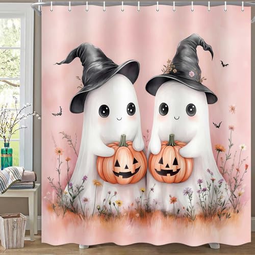 Image of Boziqr Halloween Shower Curtains for Bathroom, Cute Funny Ghost Bathroom Curtain, Fall Autumn Pumpkin Spooky Shower Curtain with Hooks Set 70x70 Inch