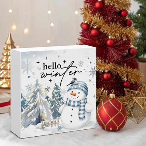 Image of Winter Decor, Blue Snowman Christmas Wood Box Sign, Seasonal Winter Holiday Decorations for Home Office Shelf 5 X 5 Inches