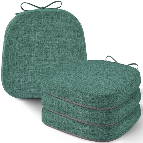 Image of AddGrace Set of 4 Chair Cushions for Metal Dining Chairs 14x14 Green | Non Slip,Washable Removable Cover with Ties, Textured, for Kitchen Dining Room Indoor, Hard Wooden Chairs, Family Gathering