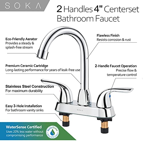 SOKA Two Handles Centerset Bathroom Faucet for Sink High Arc Stainless Steel with Deck Plate & Pop-Up Drain Assembly Fit 3 Hole Installation, Chrome (SK18001C) - Image 4