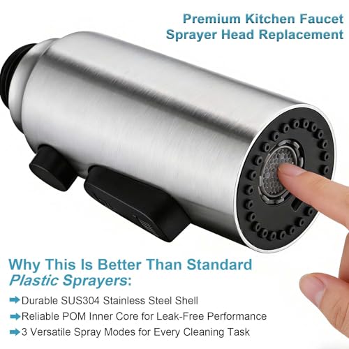 Metal Kitchen Faucet Head Replacement, 3-Function Pull Down Spray Head for Kitchen Faucet, High Pressure Sink Spray Nozzle with 9 Adapters Compatible with Most Faucets, Brushed Nickel — view 2