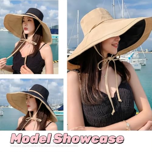 Chapéu de sol feminino de aba super larga de algodão flexível com borda com fio reversível embalável