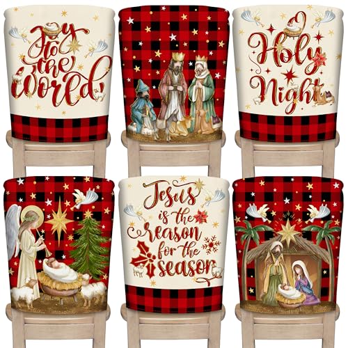 Image of TREWAVE Christmas Chair Covers Set of 6 Buffalo Plaid Nativity Scene Chair Back Covers Holiday Dining Chair Slipcovers Protector Kitchen Dining Room Decor Festival Party Decoration