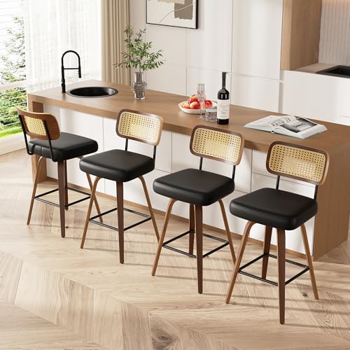 Image of Swivel Bar Stools Set of 4, 26 inch Upholstered Faux Leather Counter Height Barstools with Rattan Back & Bentwood Legs, Mid Century Modern Bar Chairs Island Stools for Kitchen Counter, Black