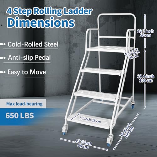 Image of 4-Step Rolling Ladder with Handrails 4 Lockable Wheels, Rolling Stairs with 39.4 inch Heigh Anti-Slip Platform with Fencehail, Industrial Platform Ladder for Supermarket Warehouse Factory, 23.6 inch W x59 H