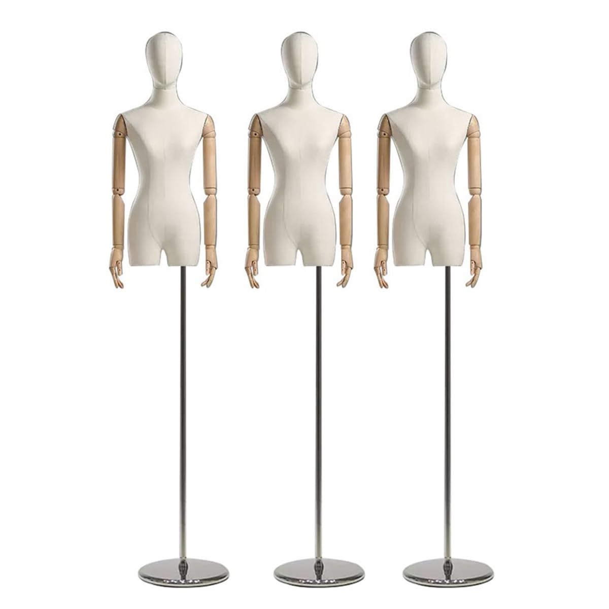 Zestaw 3 regulowanych manekinów tułowia do sukienki, wysokość od 150 do 218 cm, zdejmowana głowica, okrągła podstawa do ubrań, sukienek, ekspozycji biżuterii i szycia, wytrzymałe lite drewno,