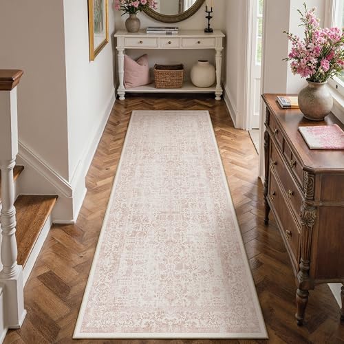 PureCozy Pink Runner Rug 2x7 Hallway Machine Washable Kitchen Vintage Distressed Non Slip Long Carpet Indoor Retro Floral Bedroom Accent Throw Rug for Bathroom Office Laundry Dining Room 2'