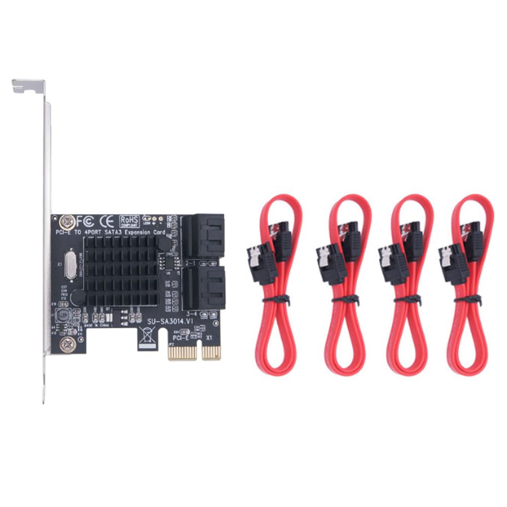 WANGCL Karta PCIE SATA 4 porty 6 Gbps SATA 3.0 Karta PCIE z 4 kablami SATA Uchwyt montażowy i radiatory