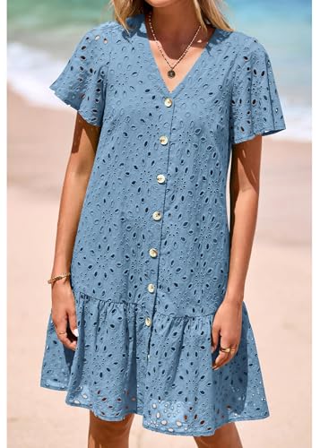 Image of KIRUNDO Eyelet Dresses for Women Button Down Mini Babydoll | 2026 Summer Short Sleeve Boho Sundress, Loose Fit V Neck Short Dress With Pockets, A Line, Cruise Beach Vacation Outfits