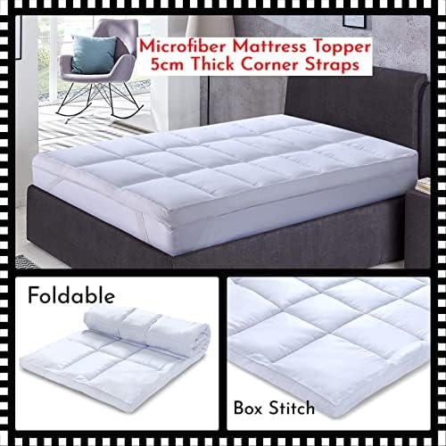 King Size Mattress topper/Protector Hotel Quality Box Stitched Microfibre Mattress Topper 5cm super soft Orthopaedic Anti Allergy with Strong Corner Straps & Comfort-Machine washable 150 x 200cm