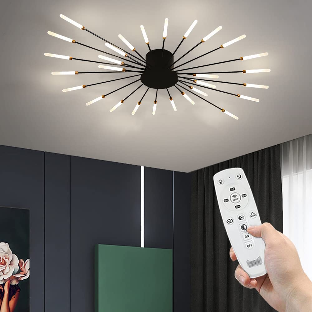 Modern Fireworks Ceiling Light With Remote Control, LED Creative Flower Shape Ceiling Lamp Fixture Nordic Semi-Flush Mount Acrylic Ceiling Lighting For Living Dining Room Bedroom (Black,28-Light)