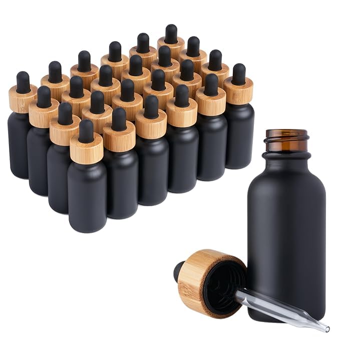Black Boston Round Glass Dropper Bottles 30ml/1 oz, Essential Oil Bottles With Eye Dropper And Bamboo Lids Perfume Sample Vials Essence Liquid Cosmetic Containers (Pack 2)