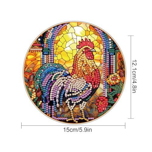 Image of AiYuanzsh DIY 5D Diamond Art Hanging Pendant, Rooster Acrylic Rhinestone Ornament for Wall Door Window Decor, Diamond Painting Animal Craft Gift for Home or Christmas Decoration