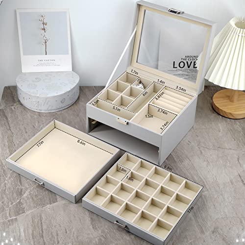Boovo Clear Lid Jewelry Box,3 Layers Jewelry Organizer Large Multi-Functional Jewelry Storage Box With 2 Drawers,Jewelry Display Case Of Rings Earrings Necklace Bracelets For Women Girls (Grey) #TOP2