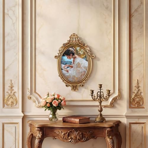 Image of Wonderjune 7x9 Inch Vintage Oval Gold Picture Frame, Carved Resin Antique Ornate Frame for Tabletop or Wall Hanging Display, Victorian Baroque Home Decor