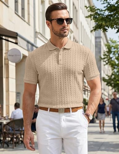 Image of JMIERR Men's Casual Polo Shirt Knitted Textured Short Sleeve Stretch Golf Shirt Summer Vacation Beach Collared Shirts