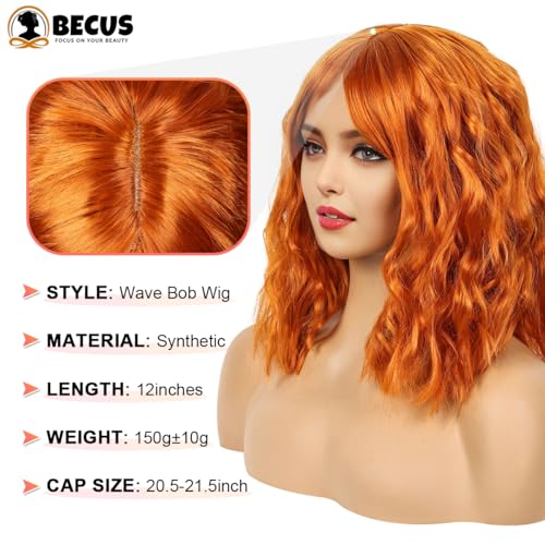BECUS 12In Short Ginger Bob Wig for Women with Bangs Natural Curly Wavy Synthetic Wig for Daily Wear Halloween, Party & Cosplay - Image 3