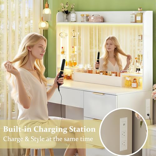 Image of HUAHUU Vanity Desk with Mirror and Lights, Makeup Vanity with Lights, 3 Color Lighting Modes, Vanity Desk with Large Mirror & 4 Storage Drawers & Acrylic Shelves for Bedroom, White