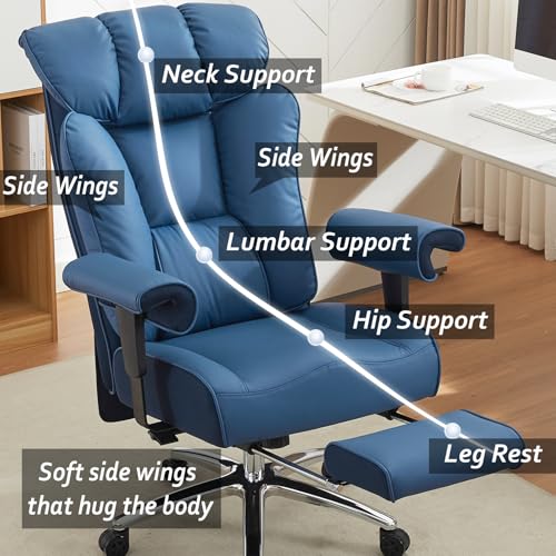 Image of Efomao Big and Tall Office Chair 400lbs - Heavy Duty Executive Desk Chair with Foot Rest & 23 inch Wide Seat - High Back Ergonomic Leather Computer Chair for Heavy People, Home Office, Blue
