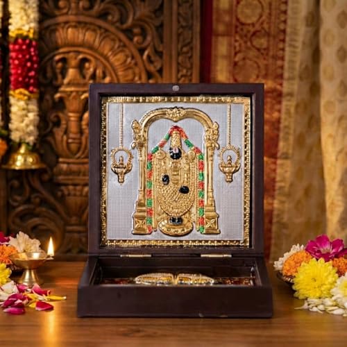 Image of Balaji Venkateshwara Pocket Temple for Wedding Gift, Housewarming Gift & Pooja Room Decor | Gold Plated Photo Frame with Charan Paduka - 4.5 Inches