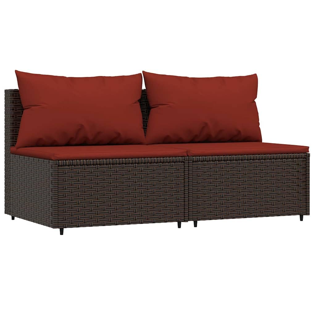 vidaXL Garten Mittelsofa 2 STK., Gartensofa mit Kissen, Modular Sofa Sitzgruppe für Garten Terrasse, Gartenmöbel Loungemöbel, Braun Poly Rattan