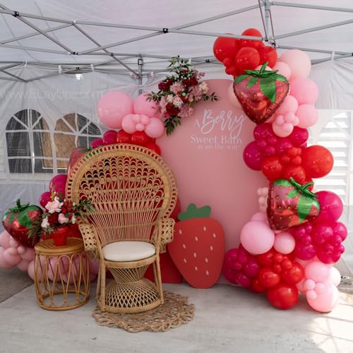 Image of 142 Pcs Strawberry Balloon Garland Arch kit,Red,Pink,Light Pink,Strawberry Foil Balloon for Berry First birthday Decorations,Baby shower,Strawberry Party Decorations