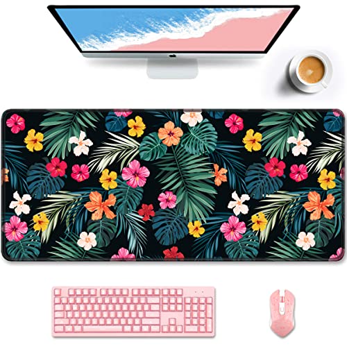 Auhoahsil Desk Pad, XXL Large Mouse Pad, Extended Gaming Mousepad, Cute Desk Mat for Women, Big Office Accessories Mouse Pad for Computer Keyboard and Laptop, 35.5 x 15.7 Inch, Green Leaves Red Flower