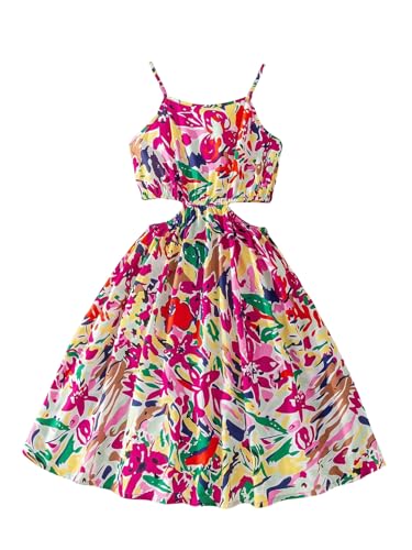 SHENHE Girl's Floral Print Cut Out Cami Dress Sleeveless Ruffle Hem A Line Short Dresses