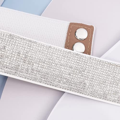 Yooai Rhinestone Elastic Pu Leather Belt Shiny Crystal Stretch Waist Belt Wide Waist Band For Women Dress 70Cm White #TOP5