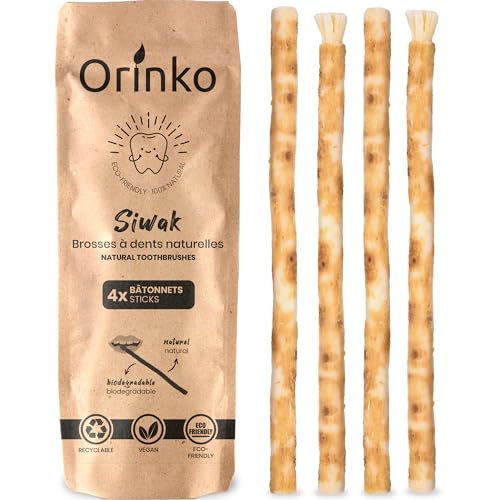 ORINKO® Siwak per Denti Naturale x4 - Spazzolino Ecologico per Pulizia e Sbiancamento Denti - Miswak Africano per Cura Naturale - Bastoncini di Araak per Igiene Orale - Alternativa Sostenibile