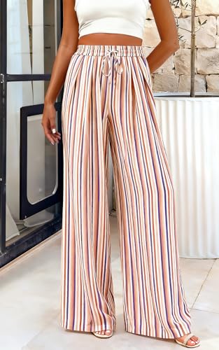 Image of PRETTYGARDEN Womens Pants Elastic Waist Floral Lightweight Palazzo Pants for Women Casual Lounge Wide Leg Pants Woman