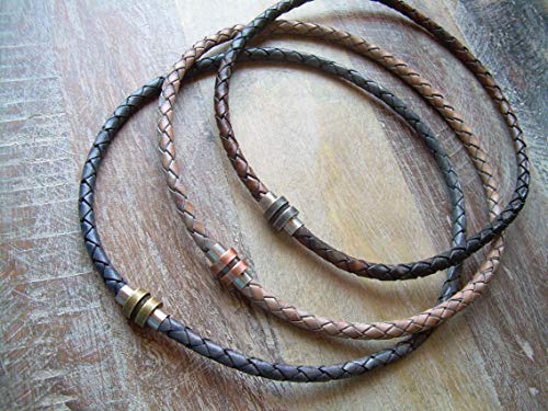 Braided Leather Necklace With Antique Toned Stainless Steel Magnetic Clasp - Genuine Leather Necklace For Men And Women - Available Sizes: 16,18,20,22,24 Inch Or Custom #TOP3