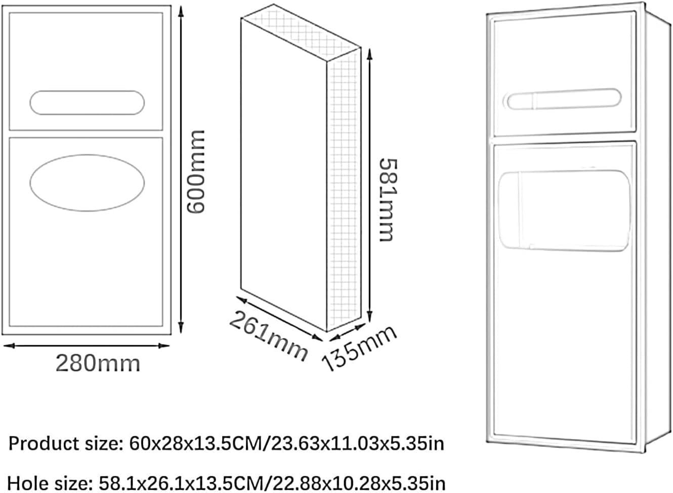 Porte-Papier Toilette Encastré, Distributeur D'Essuie-Tout Et Poubelle, Niche De Salle De Bain en Acier Inoxydable, Porte-Rouleau De Papier Toilette P,Black-60cm