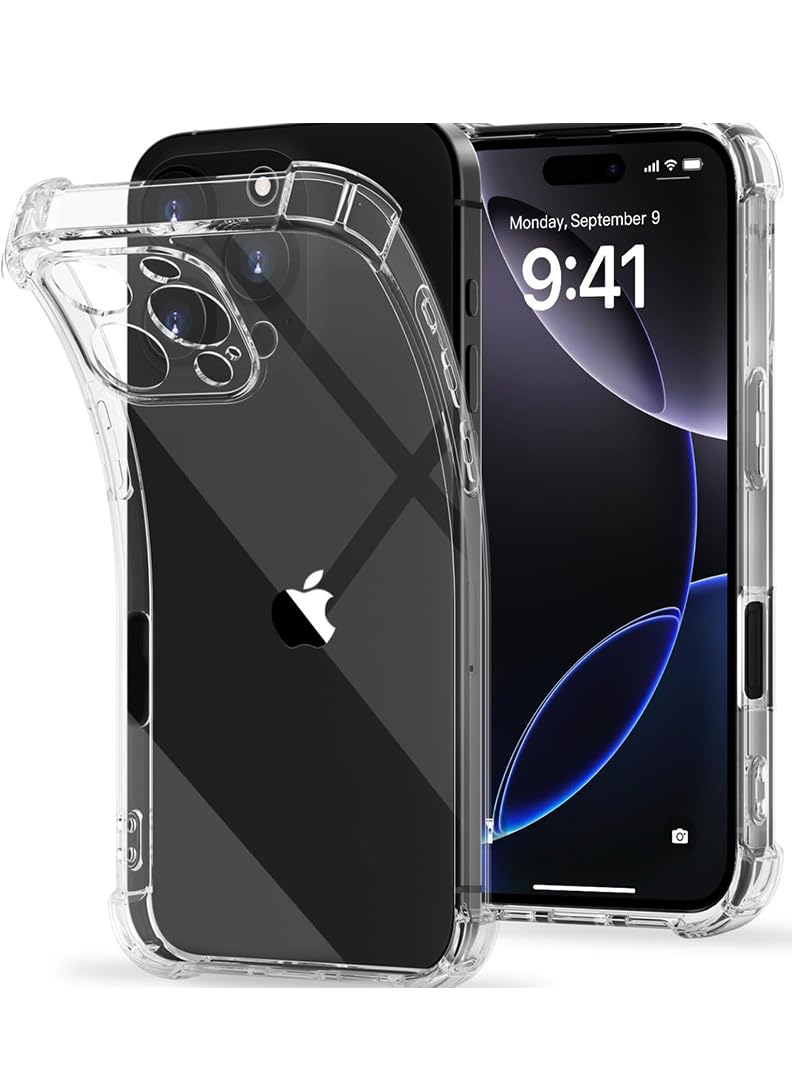 Apple iPhone 16 Pro Clear Case, Shock-Absorption TPU Cell Phone Cover with Reinforced Corners, Soft Flexible & Crystal Clear Protective Bumper Case