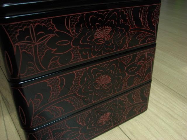三段重箱 牡丹沈金 6.5寸 3段 越前漆器 越前塗り 漆塗り 朱